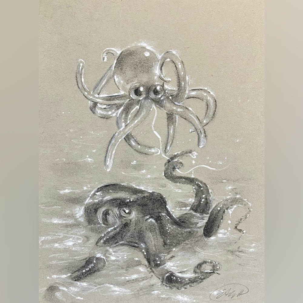 Original Octopus painting Charcoal Pastel art ocean squid surrealism Artettina